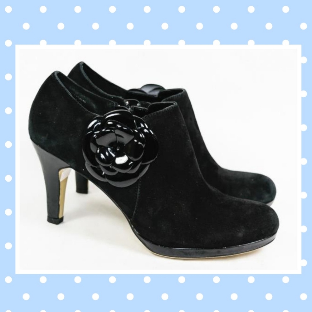 Black Suede Heeled Ankle Boots with Floral Accent